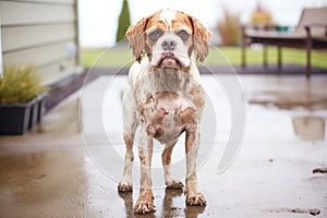 muddy dog standing on a clean patio looking guilty