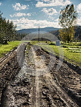 Muddy farm road with tractor ruts
