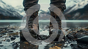 Muddy hiking boots close-up with mountain lake