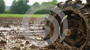 A muddy metal tractor wheel adorned with deep treads and caked with clumps of wet dirt from the fields photo
