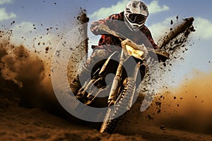 Muddy Motocross crossing dirt. Generate Ai
