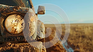 Muddy off-road adventure in rugged terrain at sunset photo