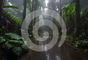A muddy path through a rain forest.