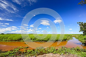 Muddy river banks with blue sky and green field