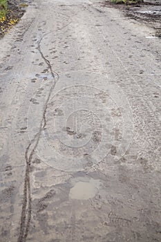 Muddy road with bicycle tracks and footprints