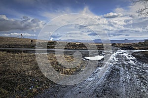 Muddy roads in the rugged landscape