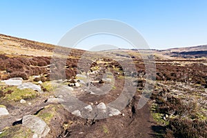 A muddy, rocky and rutted footpath slopes downhill on Derwent Moor in Derbyshire