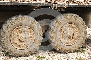 Muddy truck tyre wheels