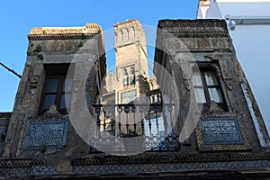 Mudejar facade and towers of the Estrada house of the Andalusian magical town of Cortegana, Huelva, Spain