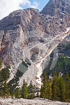 Mudflow with snow high in the Alpine mountains