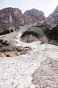 Mudflow with snow high in the Alpine mountains