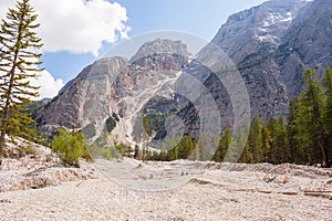 Mudflow with snow high in the Alpine mountains