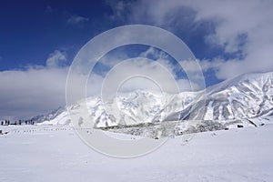 Mudoro field in November with snow mountain background