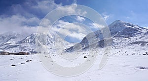 Mudoro field in November with snow mountain background