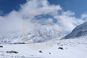 Mudoro field in November with snow mountain background