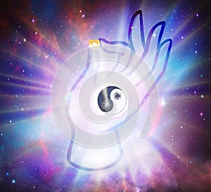 Mudra Yoga hand gesture, yin yang symbol and gold heart, spiritual energy healing, universe background, rays of light