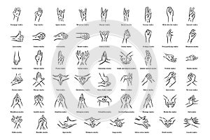 Mudras icon set. Hand spirituality hindu yoga of fingers gesture. Technique of meditation for mental health