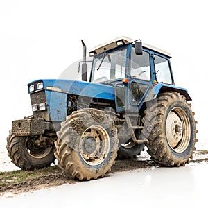 Mudsplattered blue tractor in a farming environment isolated on white background photo
