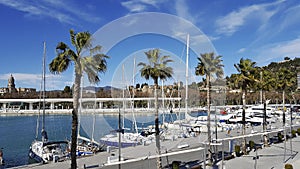 Muelle uno Port of malaga city costa del sol with cathedral in background