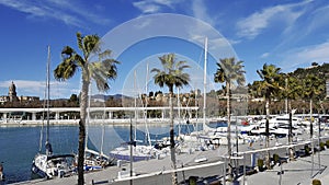 Muelle uno Port of malaga city costa del sol with cathedral in background photo