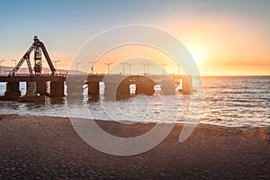 Muelle Vergara Pier and El Sol beach at sunset - Vina del Mar, Chile