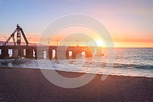 Muelle Vergara Pier and El Sol beach at sunset - Vina del Mar, Chile