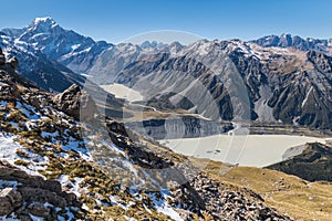 Mueller Lake, Hooker Valley and Mount Cook in Southern Alps, New Zealand