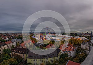 Muenchen Munich - the traditional Oktoberfest, also known as Wiesn from above in a total view.