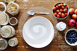 Muesli bar empty bowl organic cereal fresh berries healthy nutrition