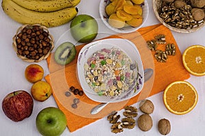 Muesli with candied fruits, fruits and nuts.Healthy breakfast, vegetarianism