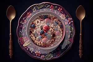 Muesli and Cereal Oatmeal Berry Strawberry Raisin Cashow Rose Patels Breakfast Top view in Ornamental Plate AI Generative