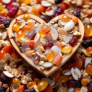 Muesli in a heart-shaped wooden bowl. Healthy breakfast. Top view.