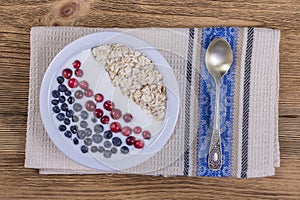 Muesli made from blueberries, cranberry, oat flakes with yogurt and honey, close up