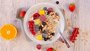 muesli, milk and fruits