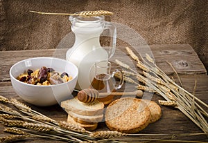 Muesli with milk and rusk