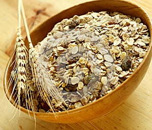 Muesli of oats with raisin in bowl