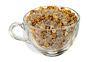 Muesli in transparent cup isolated on white background