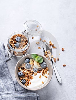Muesli with vegetarian yogurt, banana and blueberries in a bowl on a light background. Healthy and dietary homemade granola for
