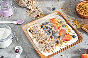 Muesli with yogurt and berries, healthy breakfast