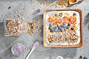 Muesli with yogurt and berries, healthy breakfast