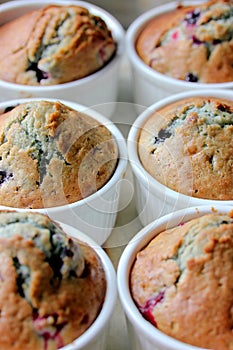 Muffin with berries in white ramekin after baking