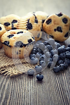 muffin with blueberries on a wooden table. fresh berries and sweet pastries on the board.