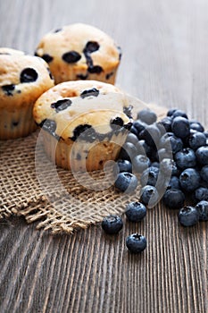 muffin with blueberries on a wooden table. fresh berries and sweet pastries on the board.