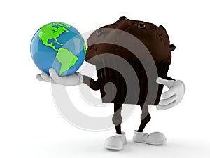 Muffin character holding world globe