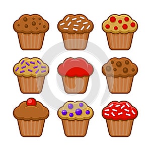 Muffin Icon Set. Blueberry, Chocolate and Cherry Cupcake. Vector