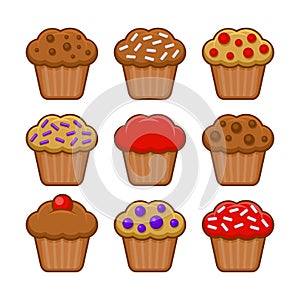 Muffin Icon Set. Blueberry, Chocolate and Cherry Cupcake. Vector photo