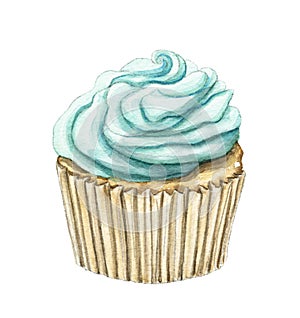 Watercolor cupcake with mint cream