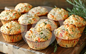 Muffins with cheese and herbs on a rustic wooden background