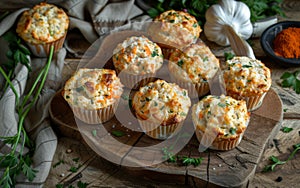 Muffins with cheese and herbs on a rustic wooden background