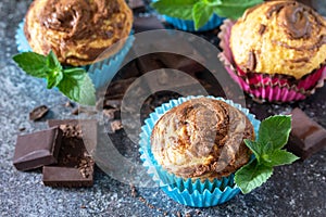 Muffins with chocolate and mint.